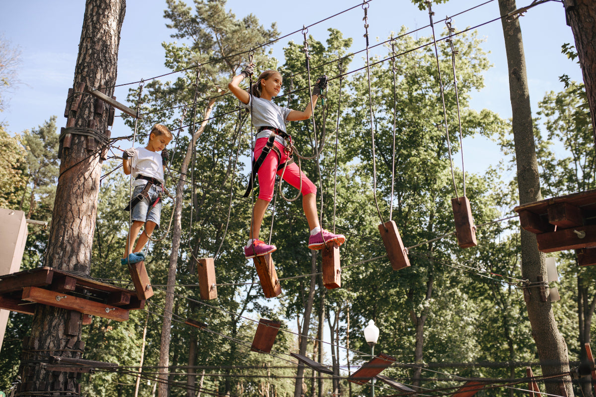 Kids on outdoor wooden high ropes playground at Ontario forest summer camp while wearing safety harnesses