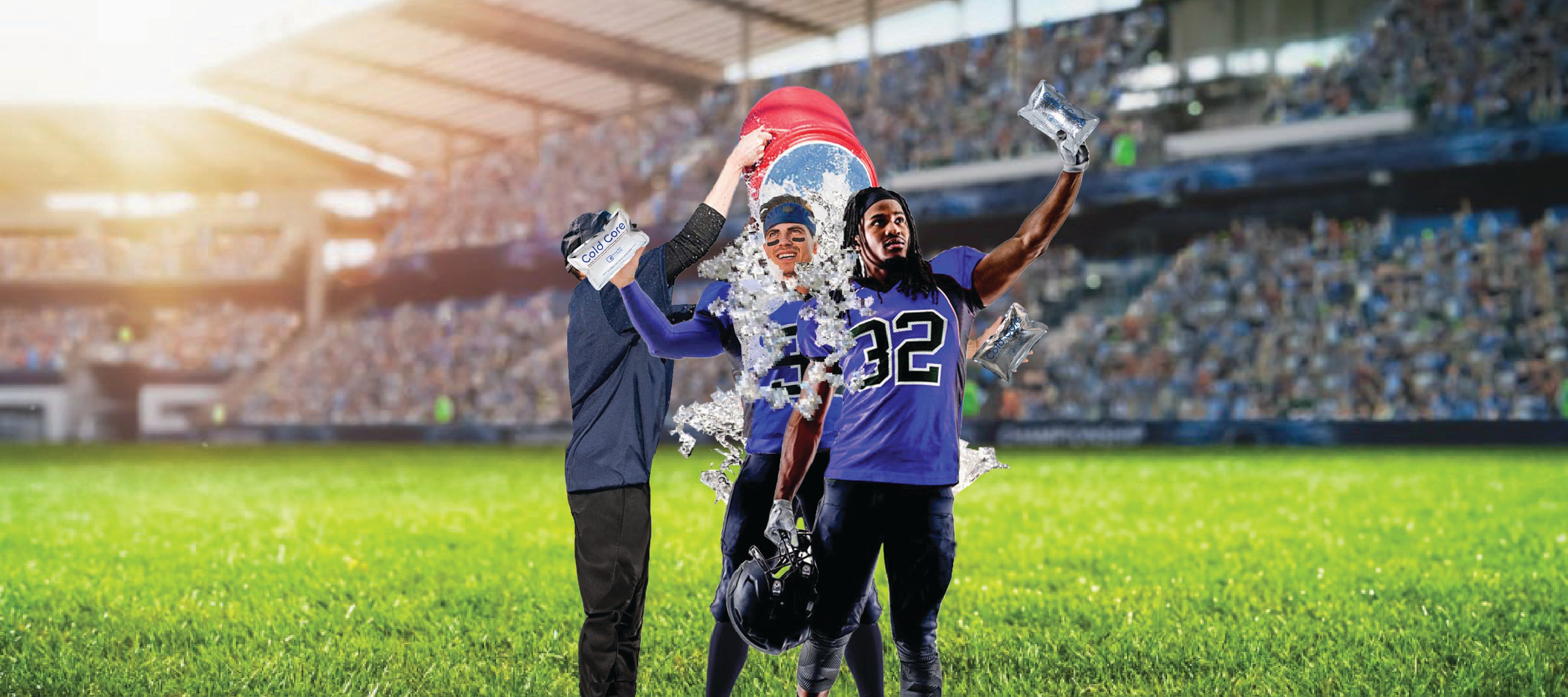 Two happy professional male football players celebrate after winning an NFL game with Krazy Kool Technology Cold Core therapy ice packs in their hands, while a coach/member of their team pours a Gatorade ice bucket on their heads.