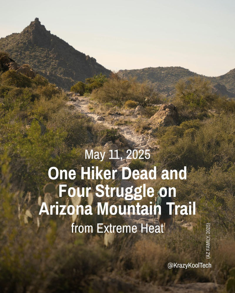 Desert mountain trail with text overlay about a hiker incident on Arizona's Superstition Mountain Trail.