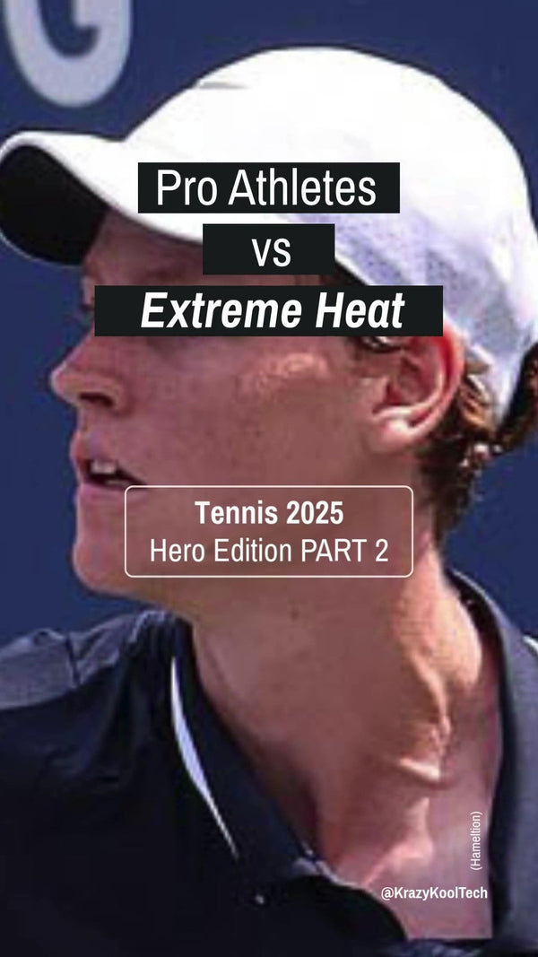 Pro Athletes vs Extreme Heat: Tennis Heroes 2025 Edition | Heat Quiz Part 2. Image of Jannik Sinner wearing a white Nike hat and his face red from the heat while playing ATP tournament on a hard court in the summer.