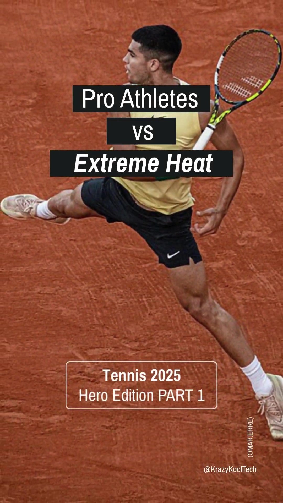 Pro Athletes vs. Extreme Heat. Tennis 2025: Hero Edition Part 1. Image of Carlos Alcaraz playing at Roland Garros on a clay court wearing a yellow Nike kit.