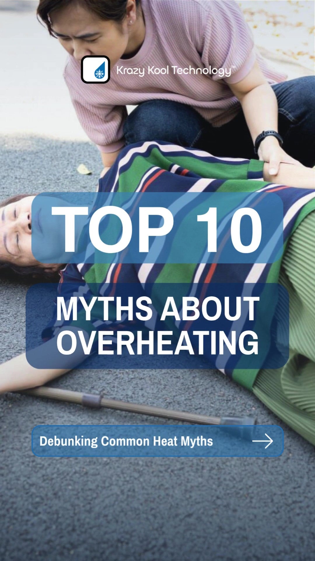 Krazy Kool Technology's Top 10 Myths About Overheating. Debunking Common Heat Myths. Image of an elderly Asian woman faint and laying on the ground outside with her cane next to her. to her. A caring relative checks on her vitals.