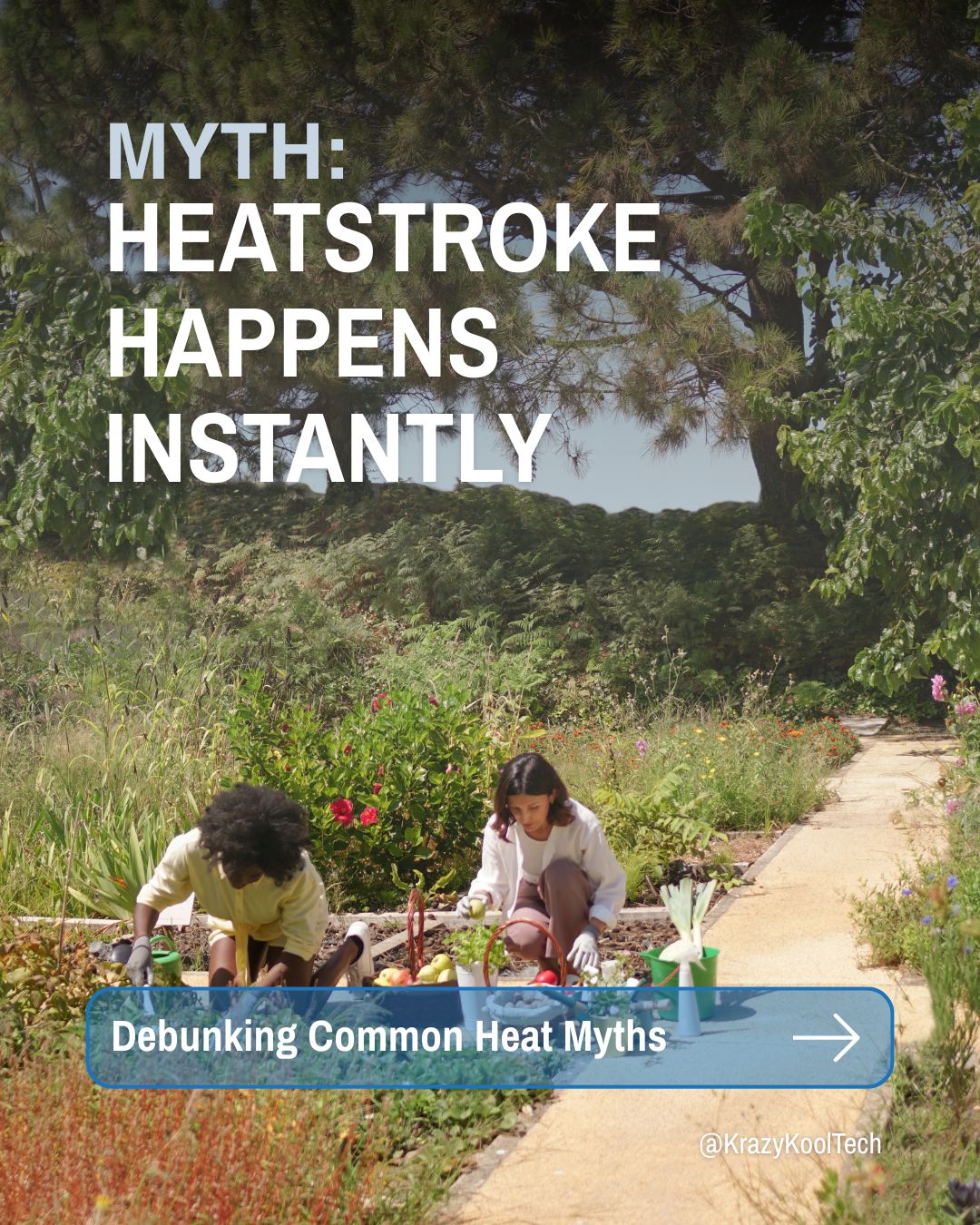 MYTH: Heatstroke Happens Instantly. Debunking Common Heat Myths at KrazyKoolTech. Image: Two young women crouched down and gardening outdoors in the sun surrounded by greenery, herbs, and flowers at a community garden.