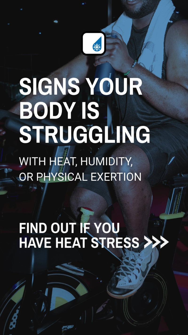 Signs your body is struggling with heat, humidity, or physical exertion. Find out if you have heat stress. Krazy Kool Technology. Image: Man on indoor spin cycle bike with water bottle and towel on neck.