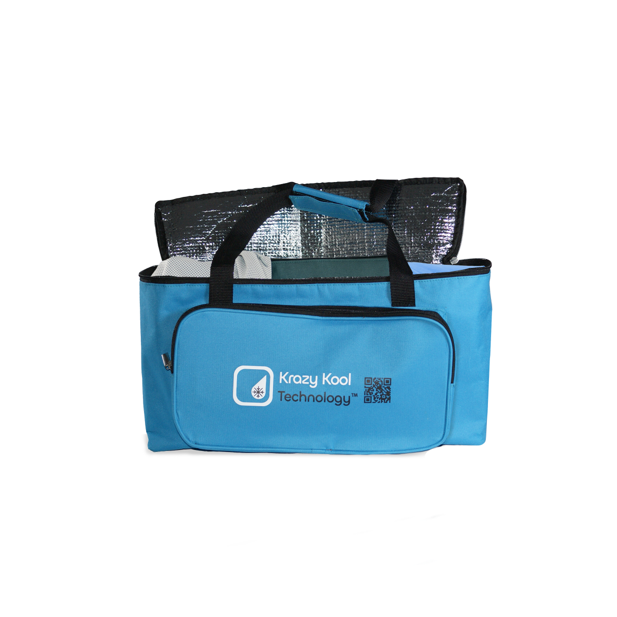 Blue cooler bag with black top section on a white background