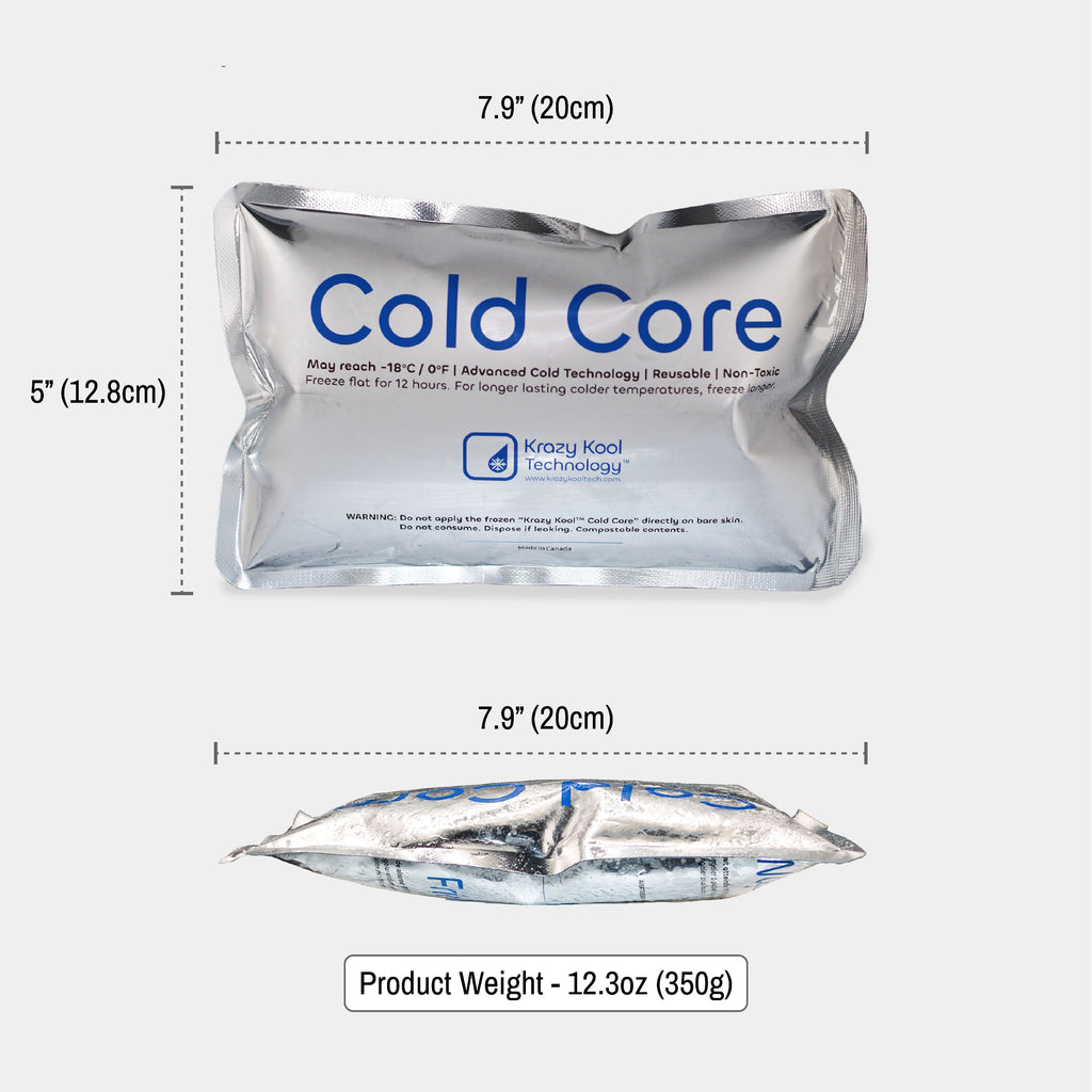 Cold core ice pack with dimensions and product weight on a white background