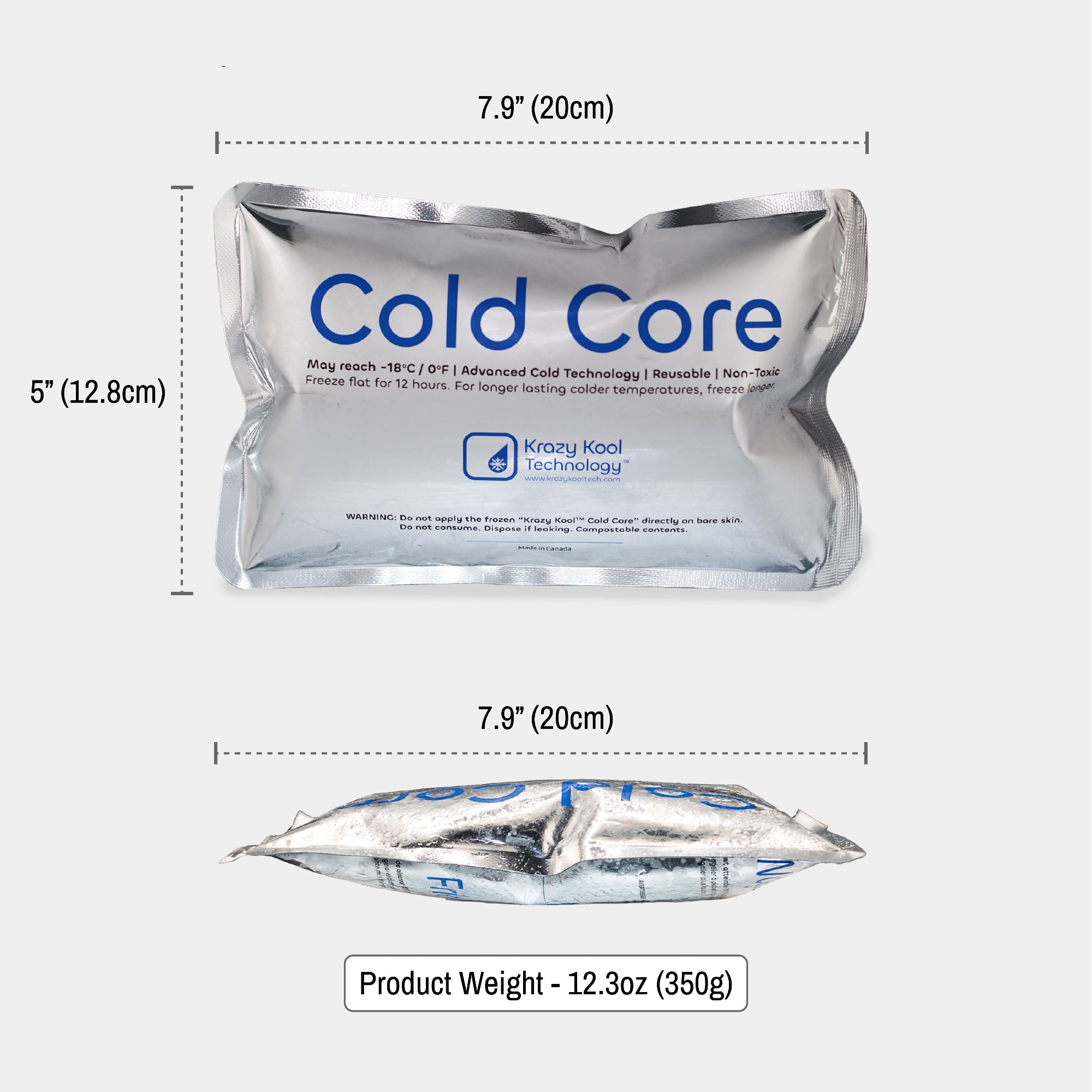 Cold core ice pack with dimensions and product weight on a white background