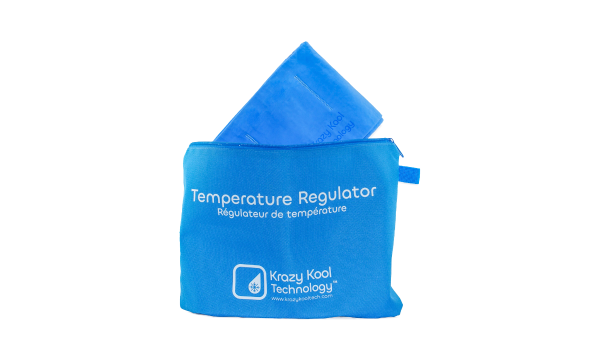 Blue temperature regulator with Krazy Kool Technologies logo on a white background