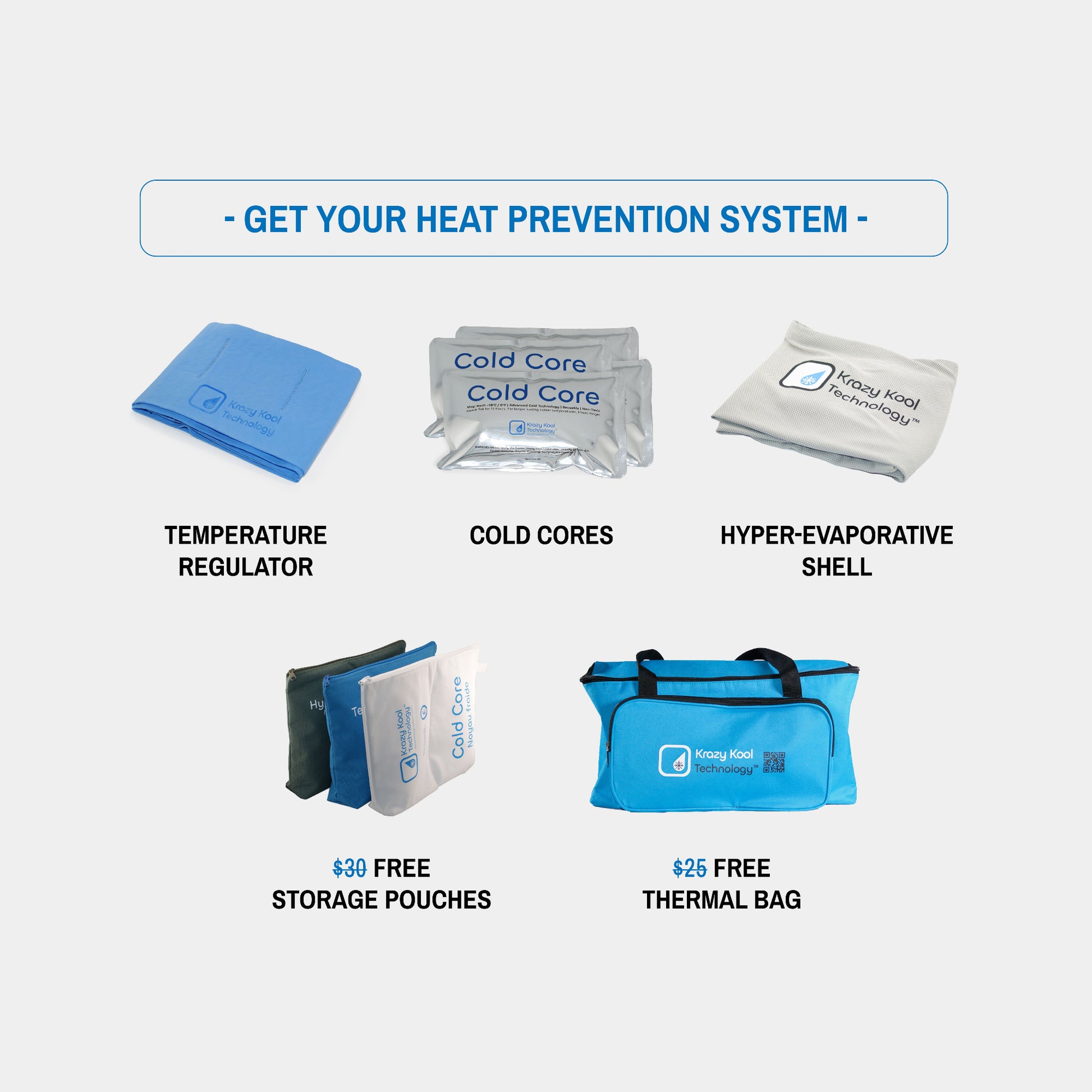 Get Your Krazy Kool Tech Heat Prevention System with a Temperature Regulator, Cold Cores, Hyper-Evaporative Shell, and a FREE Thermal Bag and FREE Storage Pouches