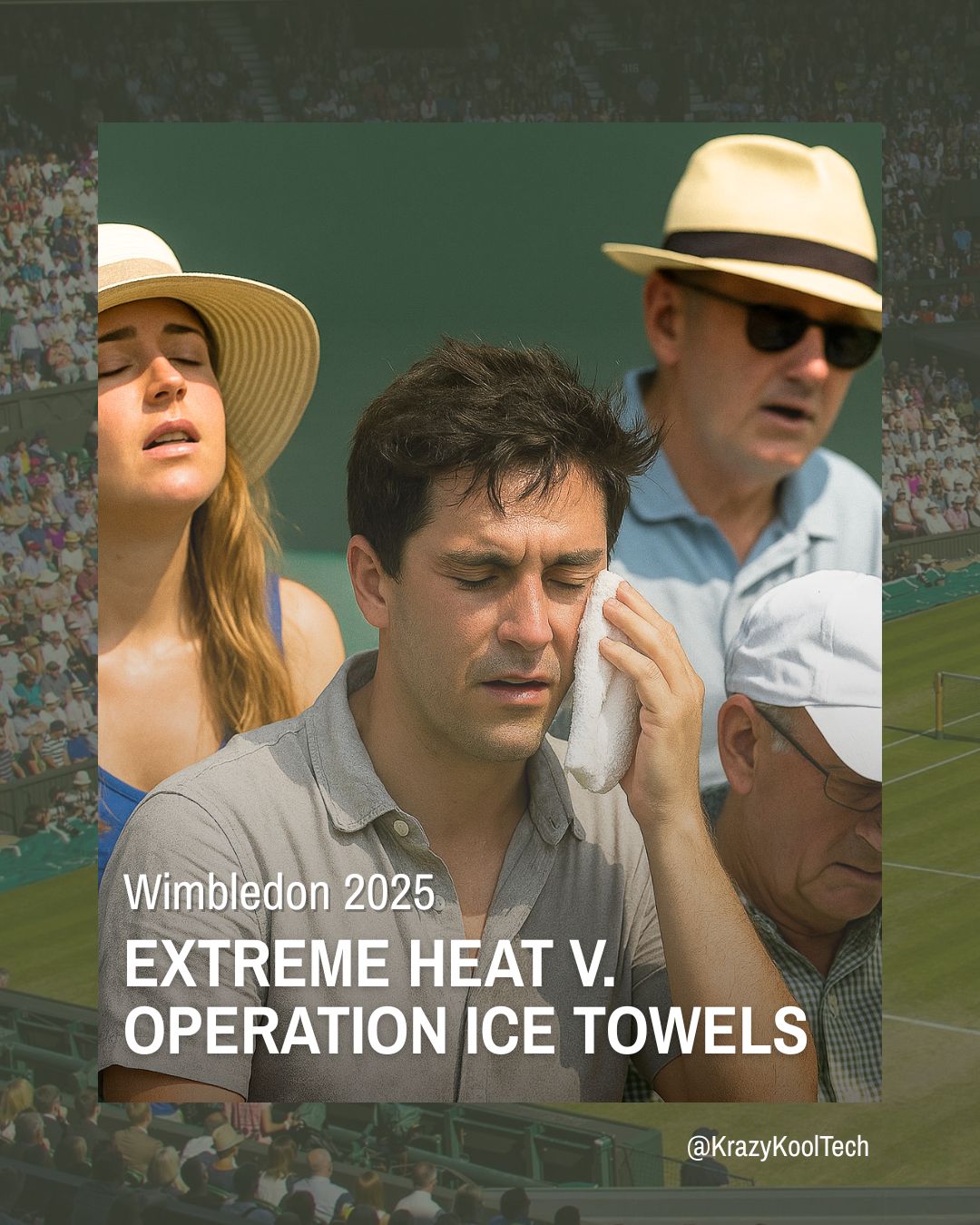 Wimbledon 2025 - Extreme Heat vs. Operation Ice Towels. Image: Tennis spectators sweating and overheating sitting in stadium in direct sunlight