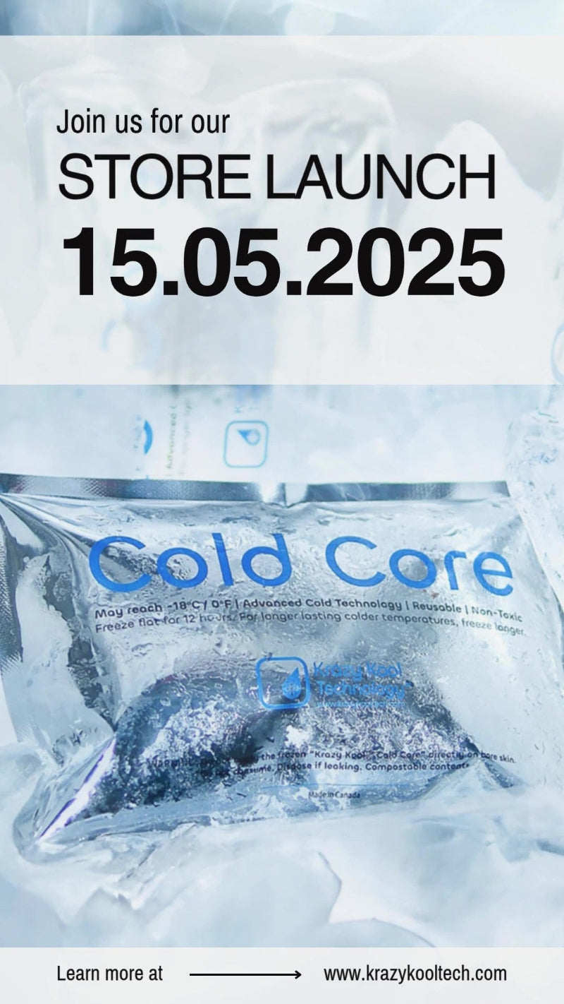 Join us for our store launch on May 15, 2025. Learn more at KrazyKoolTech.com. Image: frosty frozen Cold Core ice pack on ice