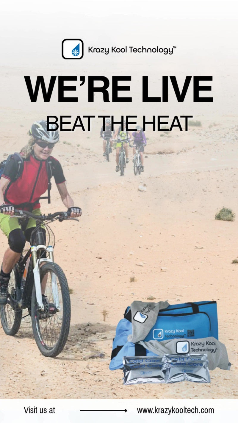 We're live! Beat the Heat. Visit us at KrazyKoolTech.com. Image: older woman cycling in desert with other extreme cyclists on bikes riding behind her. Heat Prevention System in front of her.