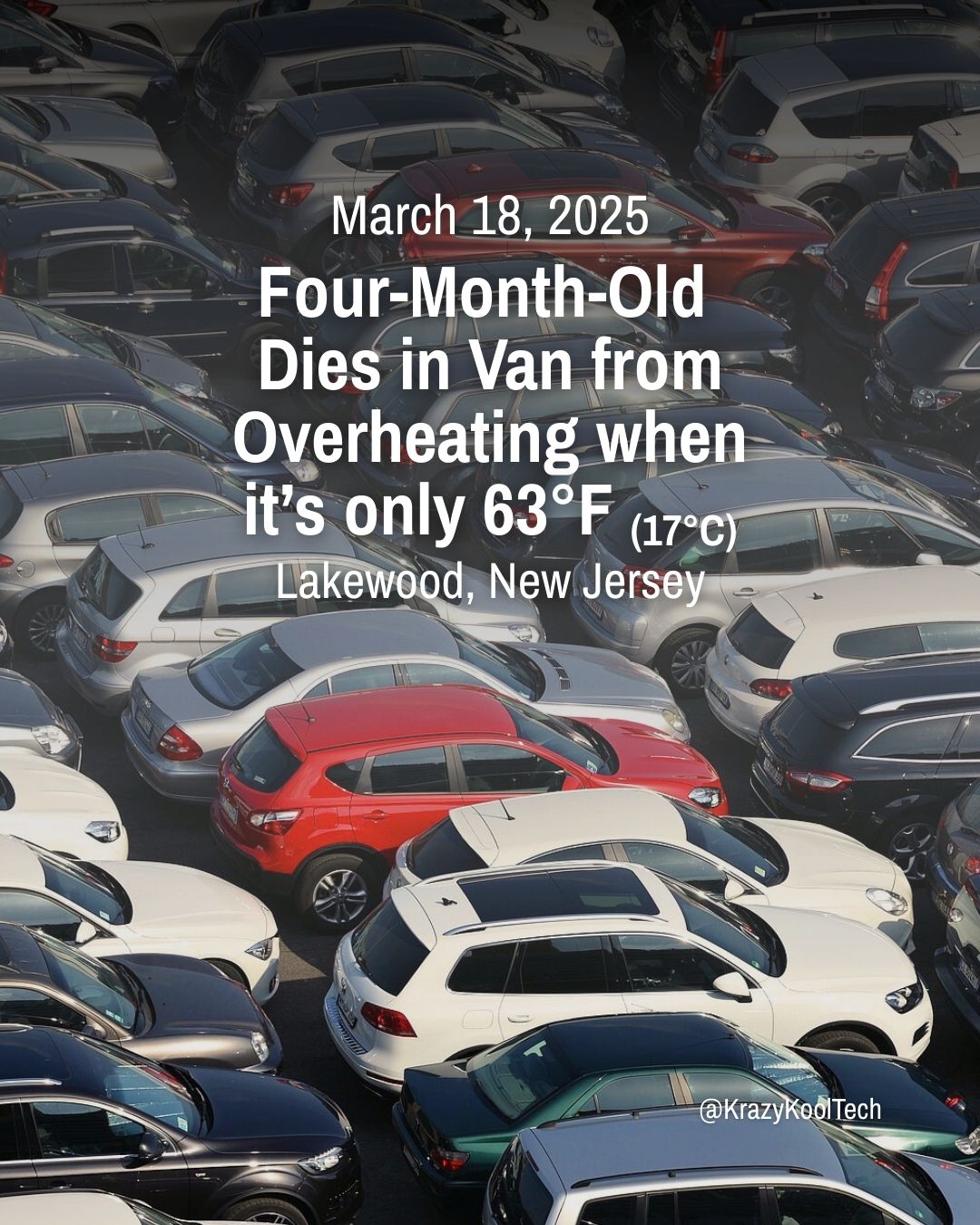 Four-month-old dies in van from overheating in 63 Fahrenheit degree (17 Celsius) in Lakewood, New Jersey. Image: overcrowded parking lot full of vehicles and one red car at the centre