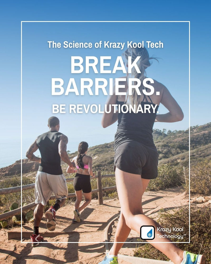 The Science of Krazy Kool Tech. Break Barriers. Be Revolutionary. Image: group of three runners on California hiking trail with sunny view of mountains and ocean.